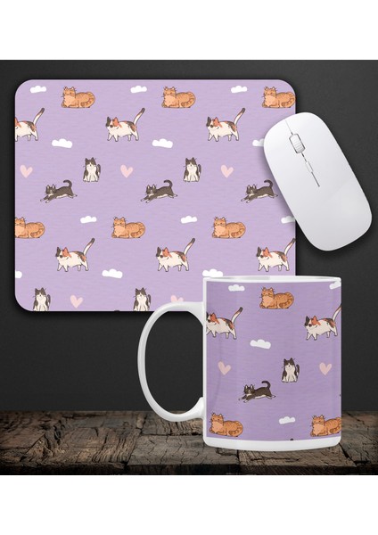 Kedili Kupa & Kedi Figürlü Mor Renk Mouse Pad 23X19CM Fare Altlığı Kaydırmaz Taban DE582 Ofis Hediyesi