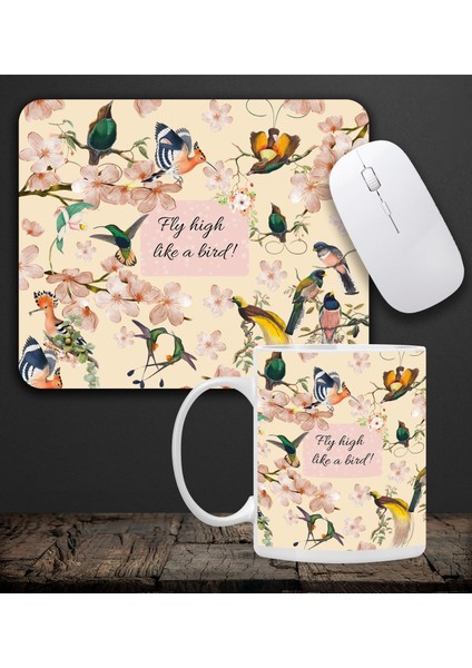 Kuşlu Kupa & Fly High Like A Bird! Tasarım Kuş Motifli Mouse Pad 23X19CM Fare Altlığı Kaydırmaz Taban DE584 Ofis Hediyesi