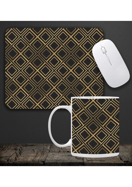 Kareli Kupa & Siyah-Gold Renk Kareli Mouse Pad 23X19CM Fare Altlığı Kaydırmaz Taban DE583 Ofis Hediyesi