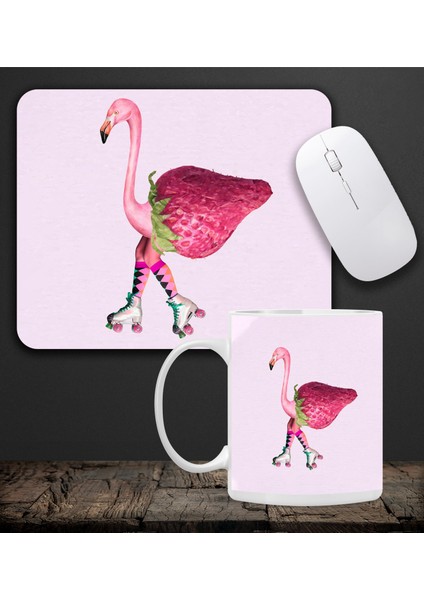 Baskılı Kupa & Pembe Çilekli Flamingo Motifli Mouse Pad 23X19CM Fare Altlığı Kaydırmaz Taban DE586 Ofis Hediyesi