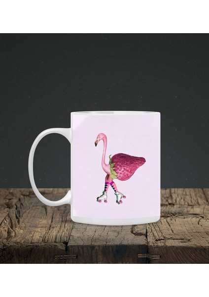 Baskılı Kupa & Pembe Çilekli Flamingo Motifli Mouse Pad 23X19CM Fare Altlığı Kaydırmaz Taban DE586 Ofis Hediyesi