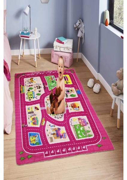 Ultra Lüx Oyun Halısı Araba Yarışı Çok Amaçlı Organik Oyun Halısı 140 x 120 cm (Kaymaz Taban)