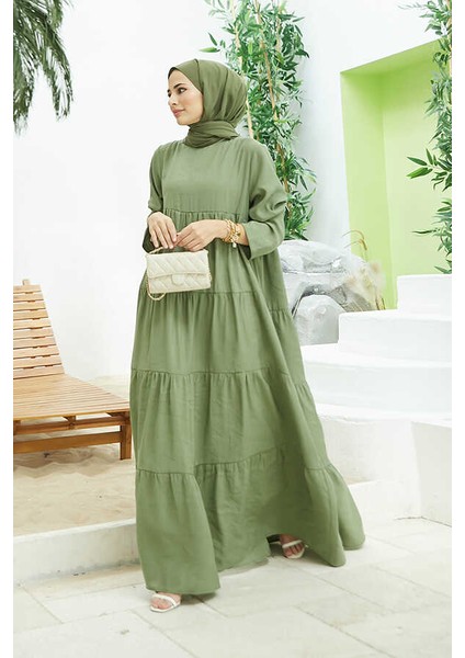 6400-MODAL Büzgülü Elbise Haki fırsatları