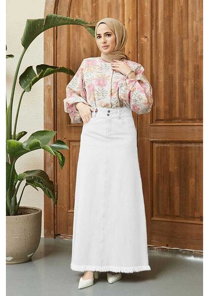 2252-DENIM Püsküllü Etek Beyaz modelleri