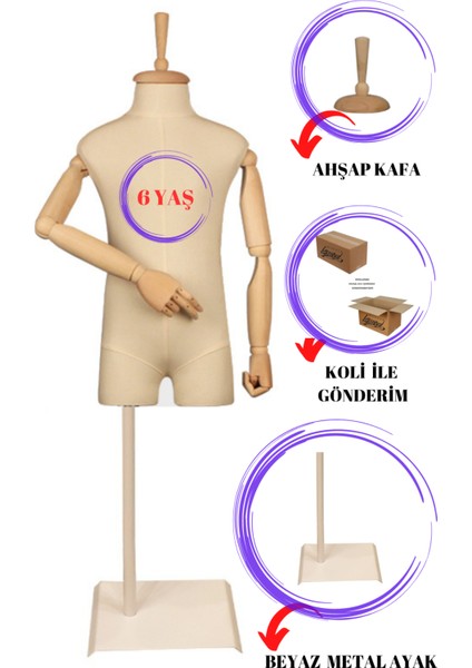 6 Yaş Ahşap Kollu Pantolon Giyebilen Çocuk Terzi Mankeni Vitrin Mankeni
