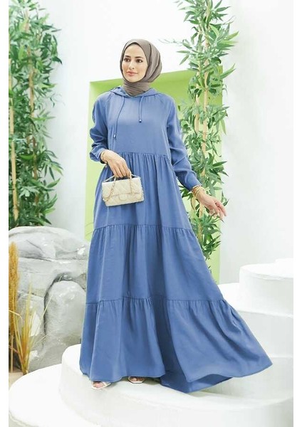 6531-MODAL Kapşonlu Reglan Kollu Elbise Indigo