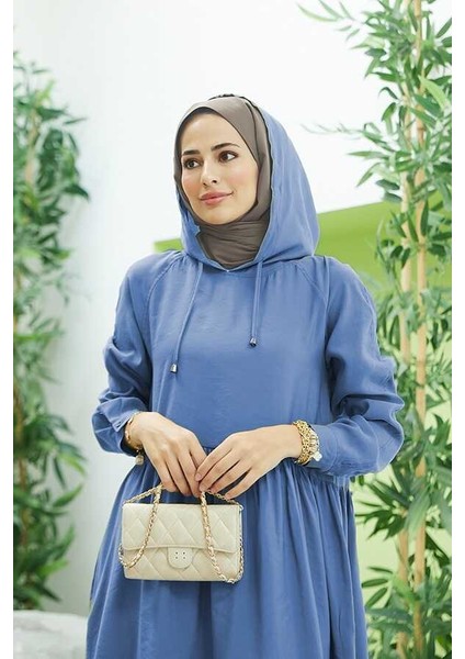 6531-MODAL Kapşonlu Reglan Kollu Elbise Indigo fiyatları
