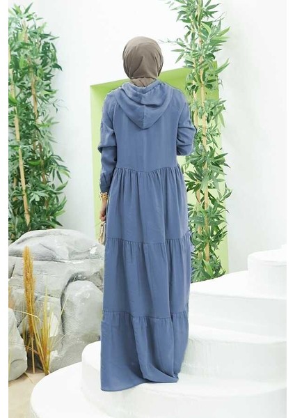 6531-MODAL Kapşonlu Reglan Kollu Elbise Indigo modelleri