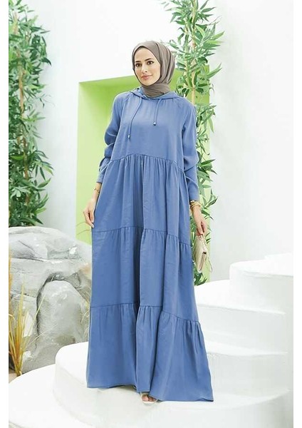 6531-MODAL Kapşonlu Reglan Kollu Elbise Indigo fırsatları