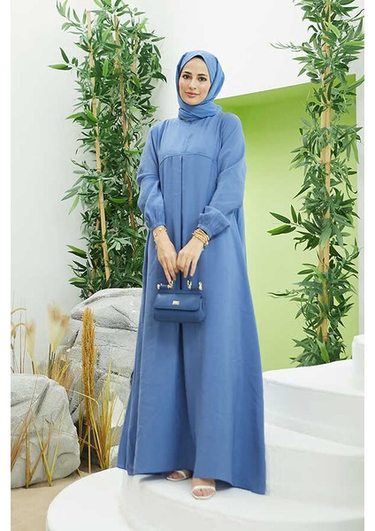 6482-MODAL A Pileli Elbise Indigo