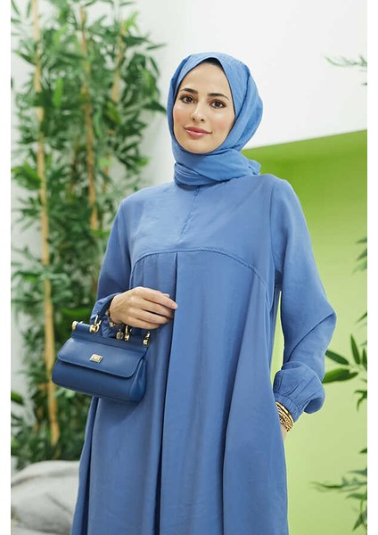 6482-MODAL A Pileli Elbise Indigo fiyatları