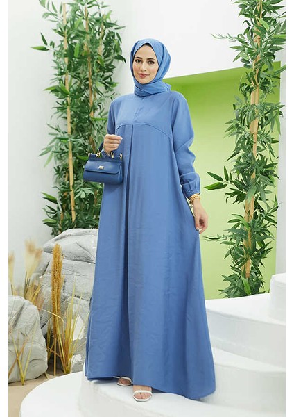 6482-MODAL A Pileli Elbise Indigo fırsatları
