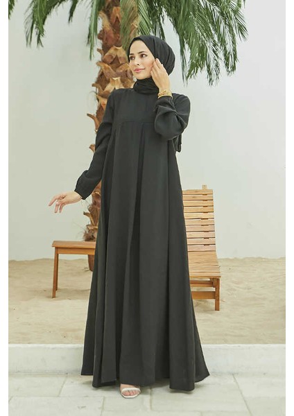 6482-MODAL A Pileli Elbise Siyah