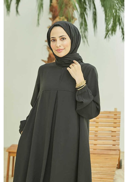 6482-MODAL A Pileli Elbise Siyah fiyatları