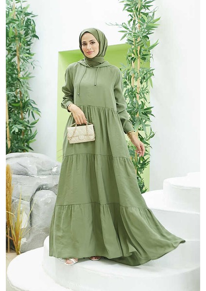 6531-MODAL Kapşonlu Reglan Kollu Elbise Haki