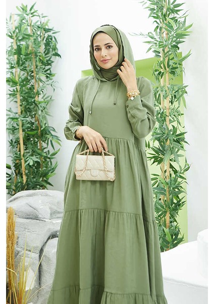 6531-MODAL Kapşonlu Reglan Kollu Elbise Haki fiyatları