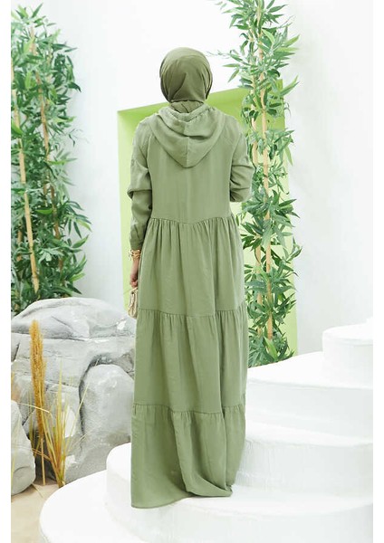 6531-MODAL Kapşonlu Reglan Kollu Elbise Haki modelleri