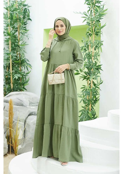 6531-MODAL Kapşonlu Reglan Kollu Elbise Haki fırsatları