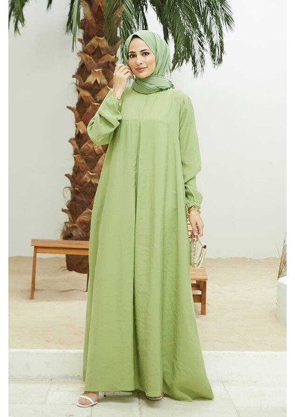 6482-MODAL A Pileli Elbise Fıstık Yeşili