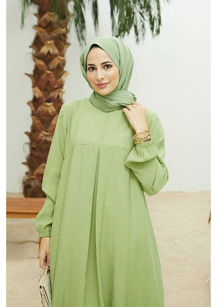 6482-MODAL A Pileli Elbise Fıstık Yeşili fiyatları