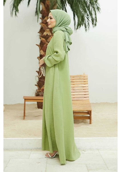 6482-MODAL A Pileli Elbise Fıstık Yeşili modelleri