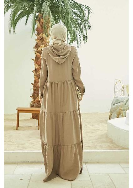 6531-MODAL Kapşonlu Reglan Kollu Elbise Vizon fiyatları