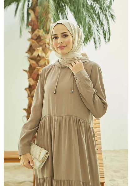 6531-MODAL Kapşonlu Reglan Kollu Elbise Vizon modelleri