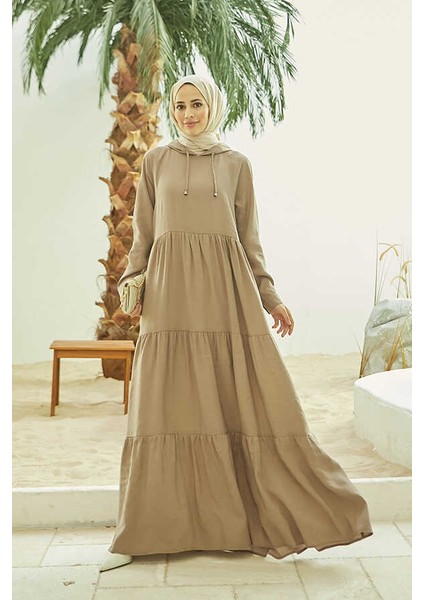 6531-MODAL Kapşonlu Reglan Kollu Elbise Vizon fırsatları