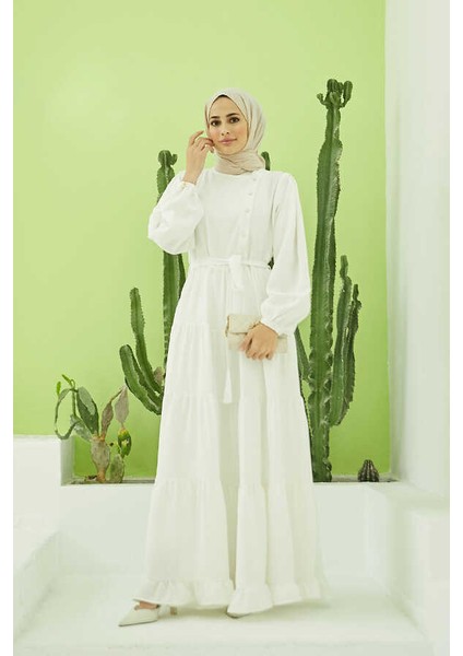 6599-BERLIN Fırfırlı Elbise Beyaz