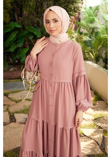 6549-BERLIN Düğmeli Büzgülü Ferace Pudra fırsatları