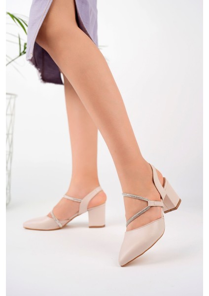 Sivri Kalıp Biyesi Taşlı Krem Kadın Stiletto modelleri