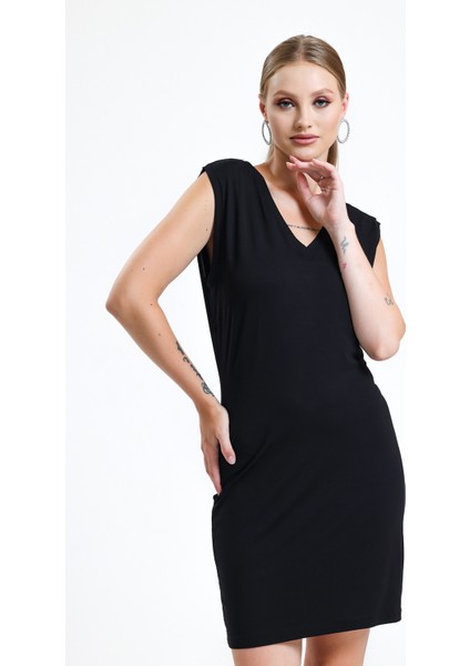 V Yaka Kolsuz Viskon Elbise | ELB35023