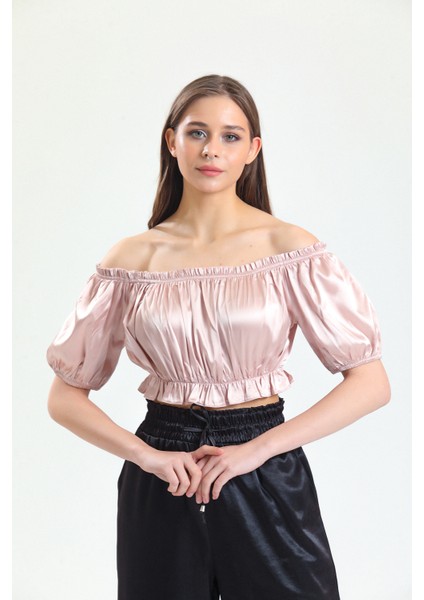 Yaka ve Etek Lastik Büzgülü Kolağzı Lastikli Saten Bluz | BLZ34216 fiyatları