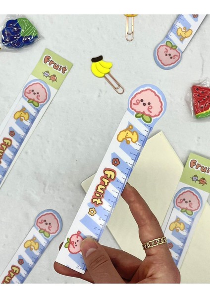 Kawaii Fruit Pembe Meyve Desenli Mıknatıslı Kitap Ayracı ve Cetvel / Yer Imi