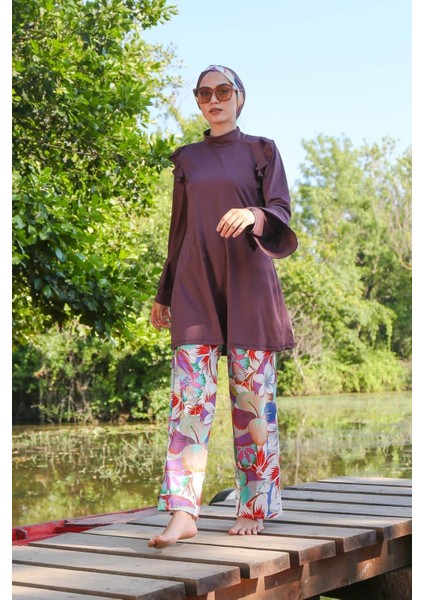 Desenli Kahverengi Tam Kapalı Tesettür Mayo M2023KH
