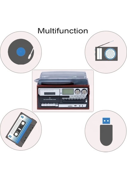 Ultratekno Hepsi Bir Arada Elektrikli Vintage Plak Çalar CD Çalar Kaset USB Bluetooth Tf Aux Özellikli Kumandalı Pikap