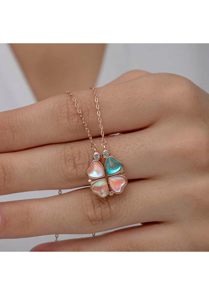 925 Ayar Gümüş Rose Renkli Açılabilen Yonca Kadın Gümüş Kolye indirimleri