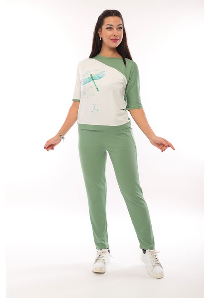 Kadın Desenli Kısa Kol Bluz 3053 Çağla