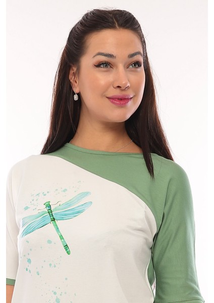 Kadın Desenli Kısa Kol Bluz 3053 Çağla modelleri