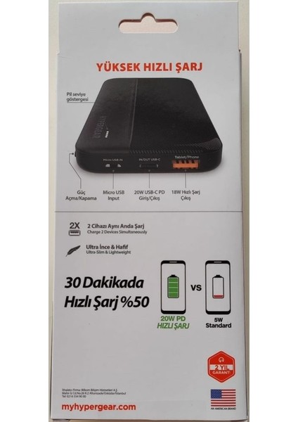 10.000 Mah 20W Usb-C Pd + 18W USB Hızlı Şarj Siyah Powerbank