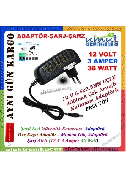 12 Volt 3 Amper Kamera Adaptörü 12V 3A Aadaptör LED Modem Güvenlik Kamerası Plastik Kasa Priz Tipi 5.5x2.1-2.5mm