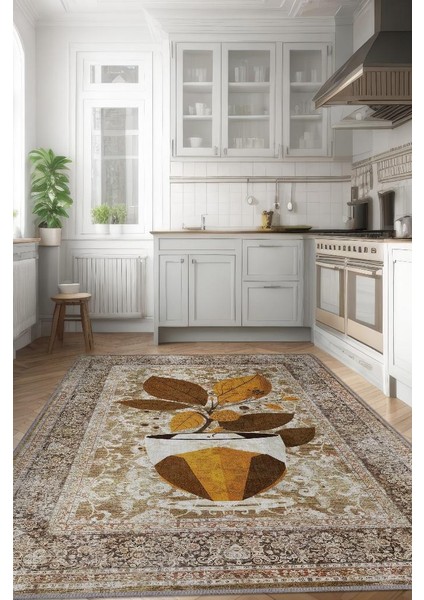 Vintage Kahve,Pastel Renkli Vintage Oturma Odası,Pamuklu Dokuma Tabanlı Yıkanabilir Kahvesever Halısı