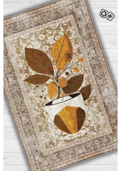 Vintage Kahve,Pastel Renkli Vintage Oturma Odası,Pamuklu Dokuma Tabanlı Yıkanabilir Kahvesever Halısı