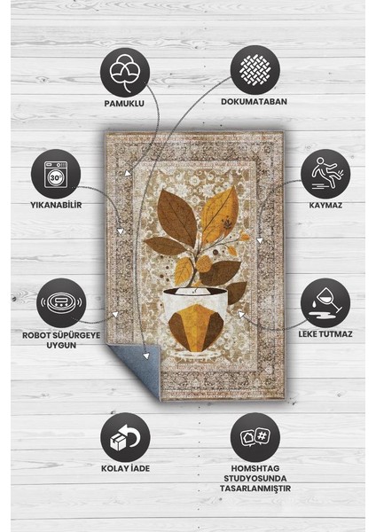 Vintage Kahve,Pastel Renkli Vintage Oturma Odası,Pamuklu Dokuma Tabanlı Yıkanabilir Kahvesever Halısı