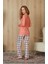 Kadın Kareli Kalp Desenli Somon Renk T-Shirt Pijama Takımı 4254 2