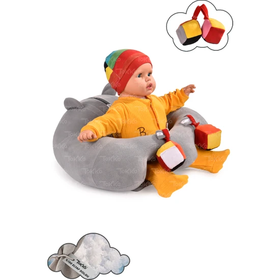 Tokko Oyuncaklı Bebek Oturma Destek Minderi - Devrilmez Bebek Koltuğu - Elyaflı Büyük Bebek Oturağı Gri