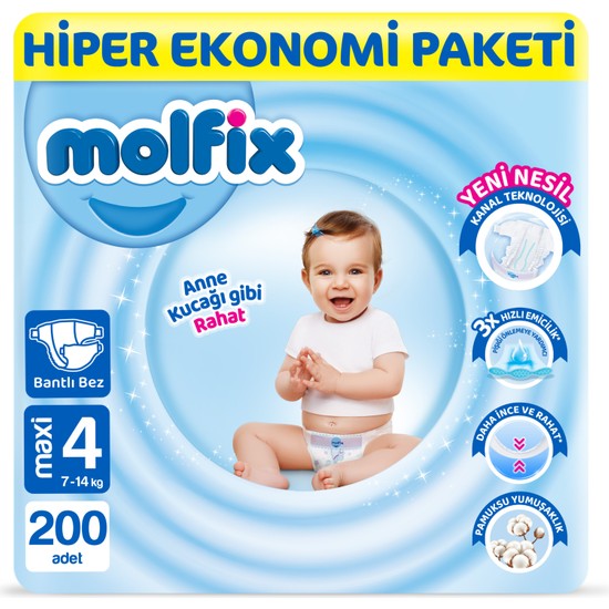 Molfix Bebek Bezi 4 Beden Maxi Hiper Ekonomi Paketi 200 Adet