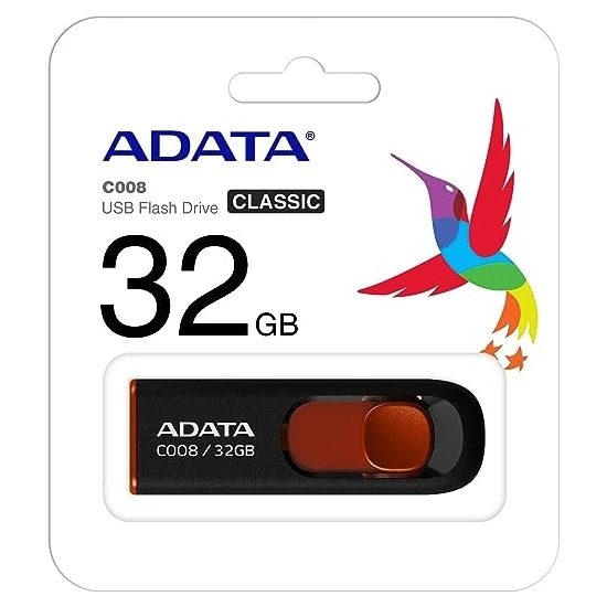 Adata C008 32GB USB2.0 Siyah-Kırmızı USB Bellek AC008-32G-RKD