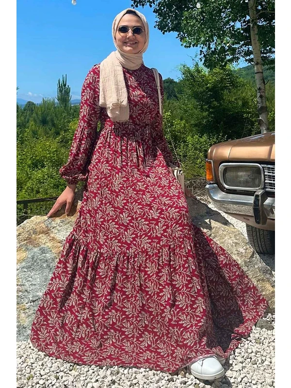 Rabia Şamlı Asil Desenli Bordo Elbise