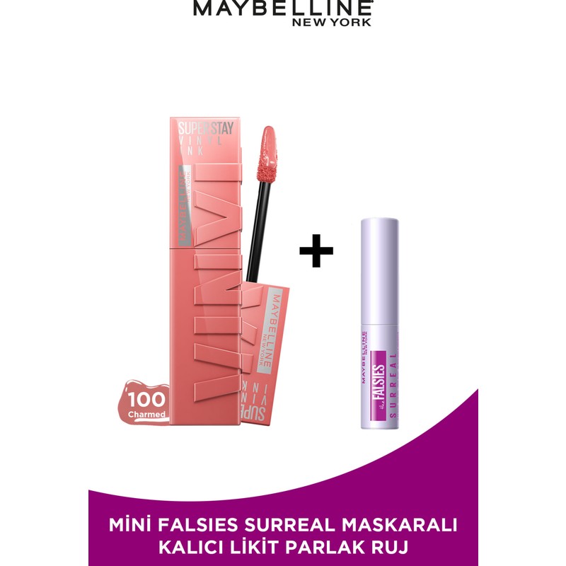 Maybelline New York Super Stay Vinyl Ink Likit Parlak Ruj 100 Charmed Mini Falsies Surreal Maskara Li
